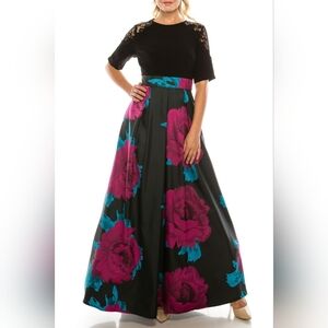 Ignite Evenings Black Multi Long Crepe & Twill Evening Dress